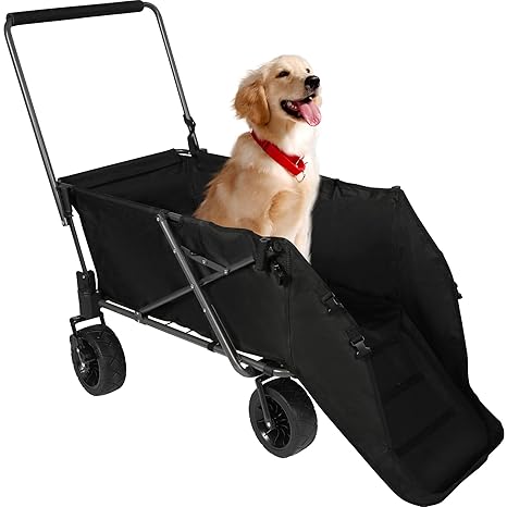 Folding Dog Wagon Cart with Extendable Rear End Heavy Duty, 220L Large Collapsible Utility Cart Dog Stroller with Tailgate for Sports Shopping Pet, Black