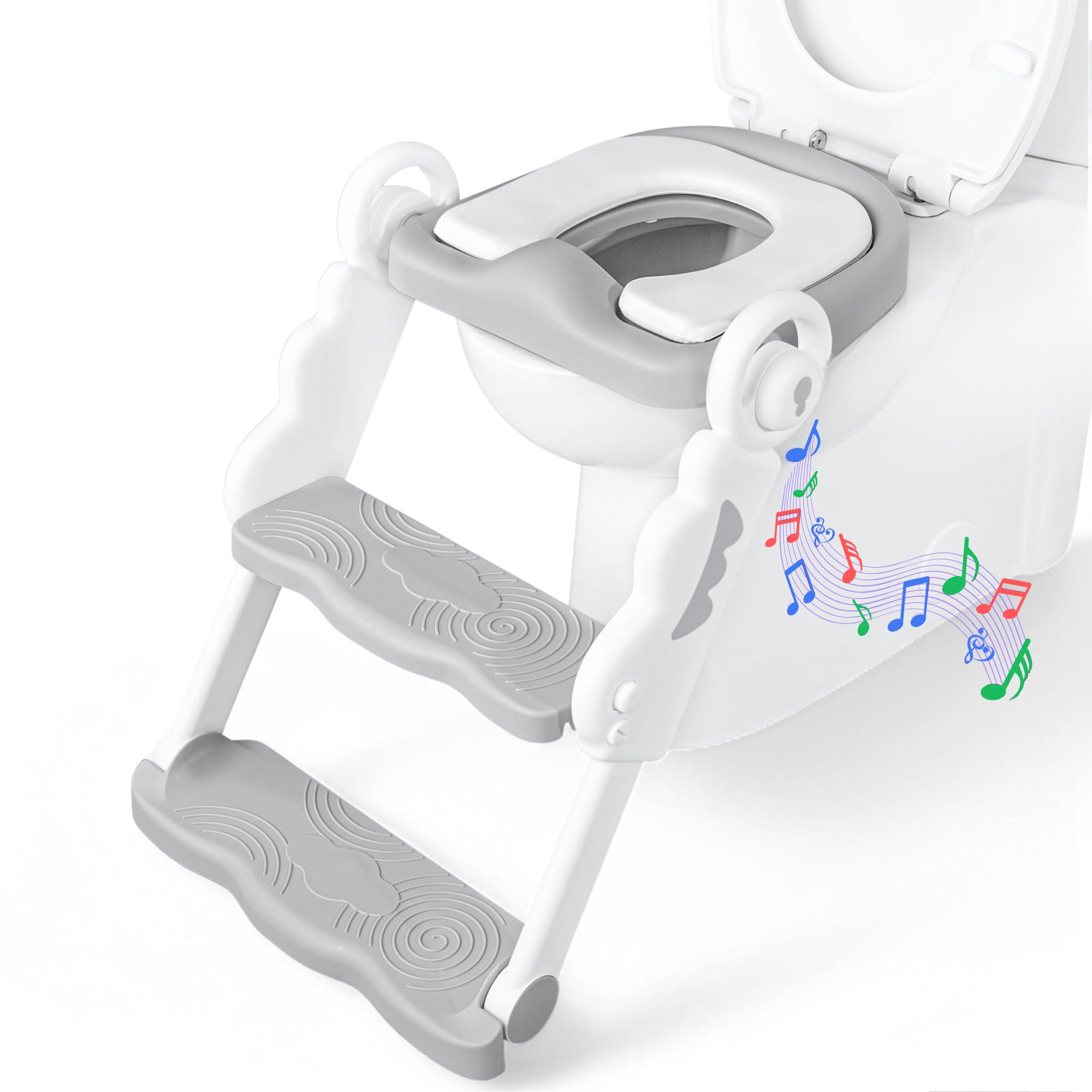 bebeleh Musical & Sound Toddler Potty Training Seat w/Step Stool Ladder - Collapsible & Adjustable Toilet, Pre Assembled Toddler Toilet Seat w/Music & Sounds - Splash Guard & Anti-Slip Steps - Gray