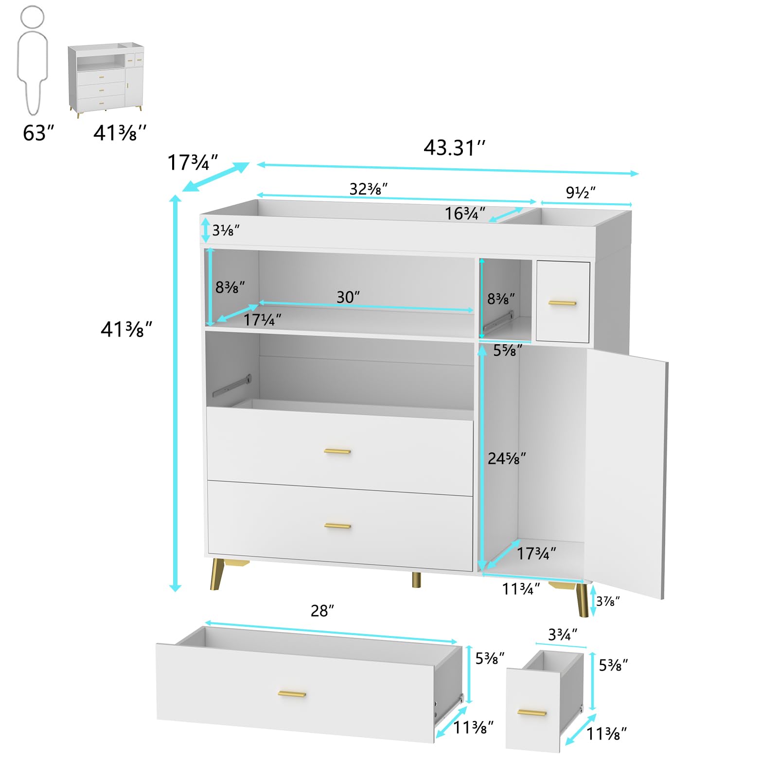 White Changing Table Dresser with 5 Drawers