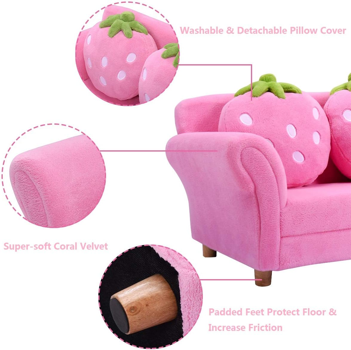Kids Couch, Double Seat Pink Children's Sofa with 2 Strawberry