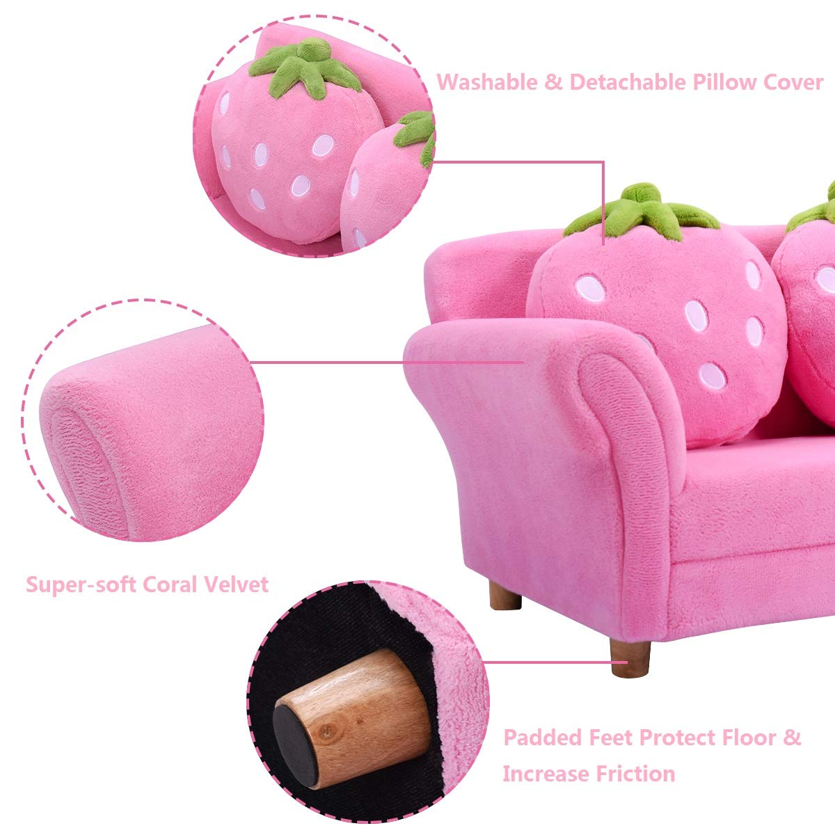 Kids Couch, Double Seat Pink Children's Sofa with 2 Strawberry