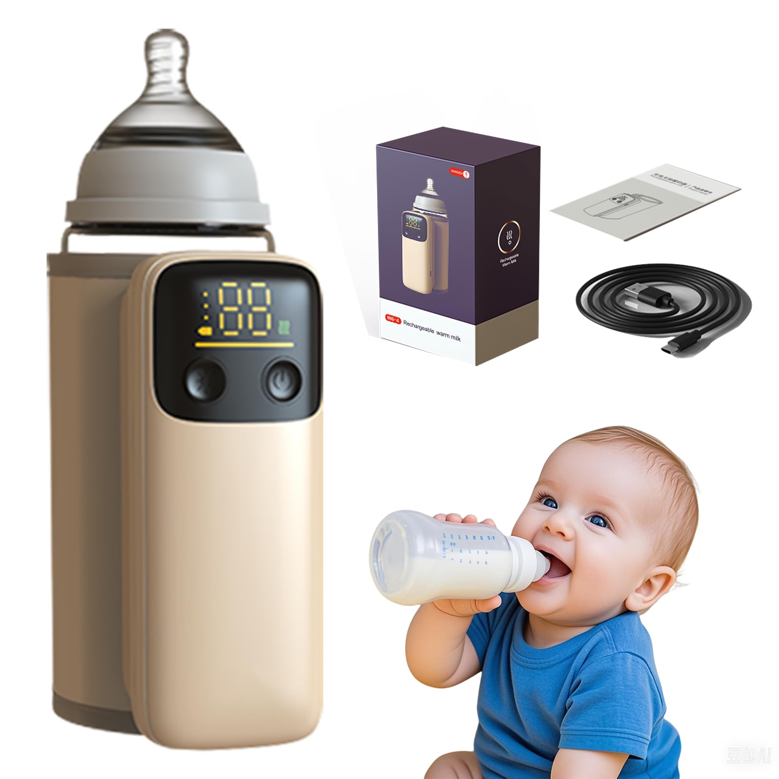 Portable Bottle Warmer, Travel-Friendly, Leak-Proof, Precise Temp-Control & LCD Display
