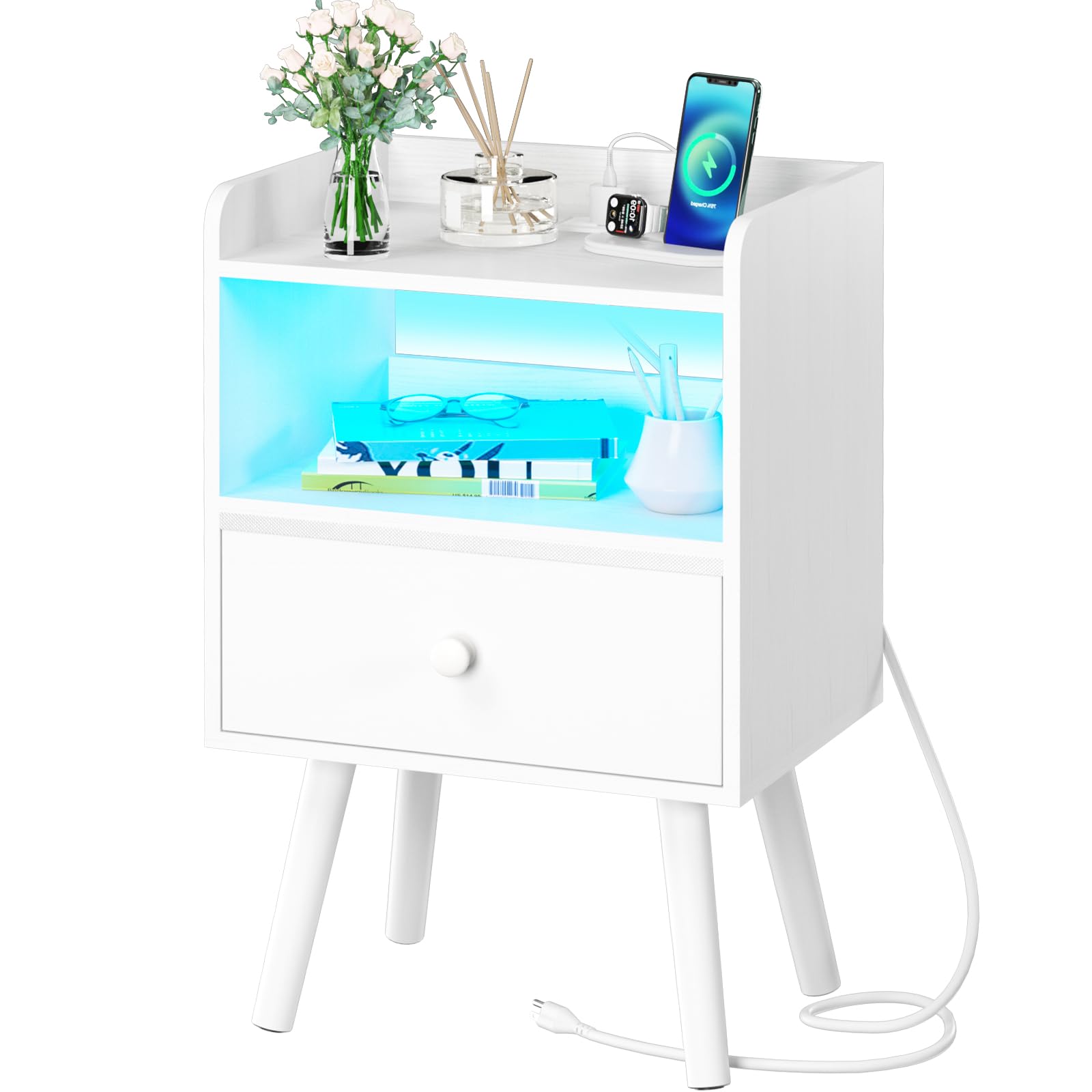 Nightstand with Charging Station and LED Lights