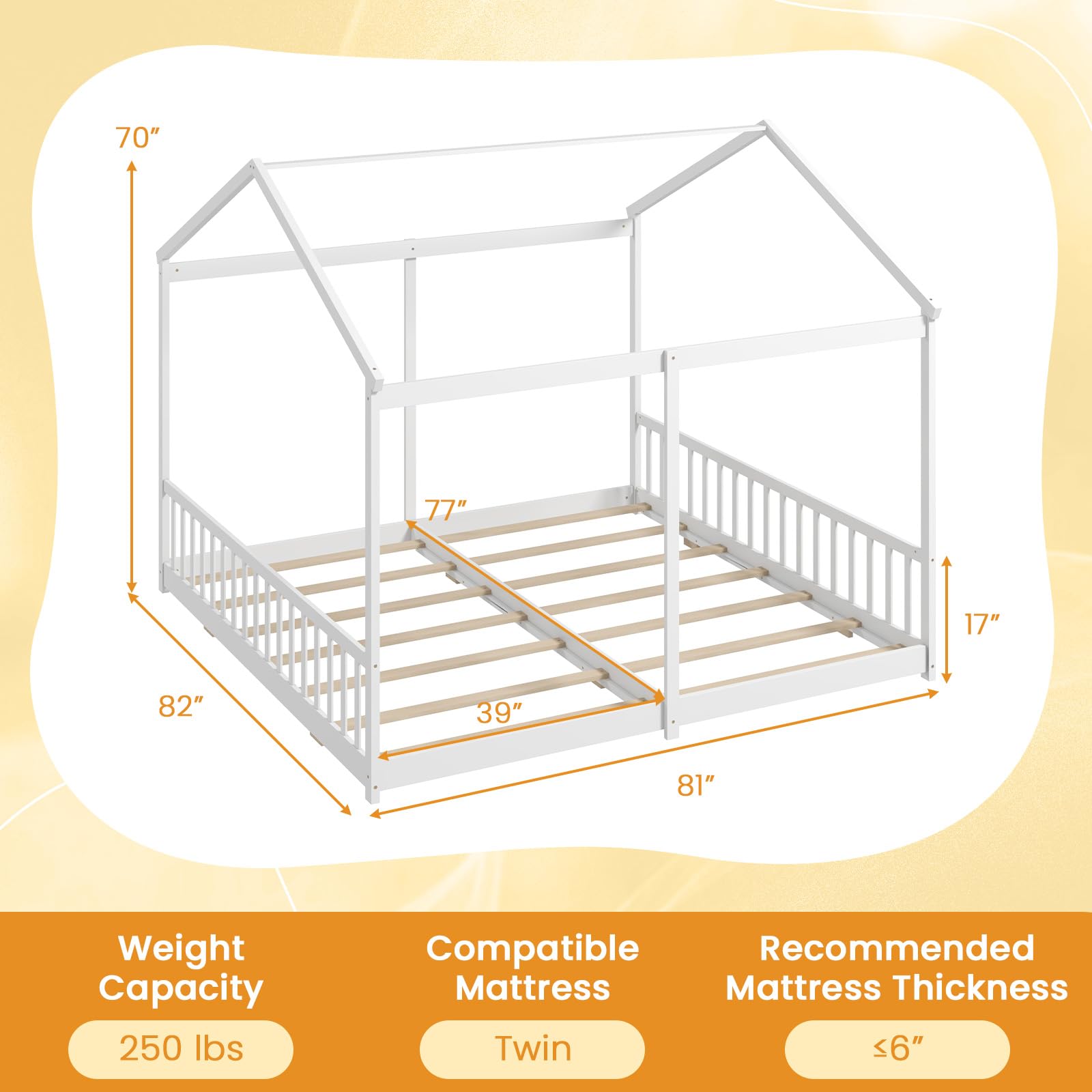 Double Twin Floor Beds for Kids with Fence and Roof