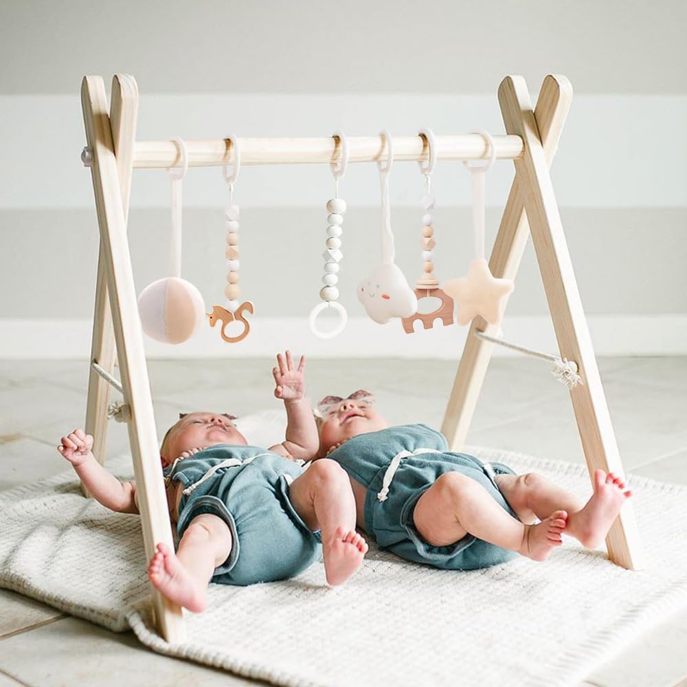 Wooden Baby Gym with 6 Gym Toys, Foldable Baby Play Gym