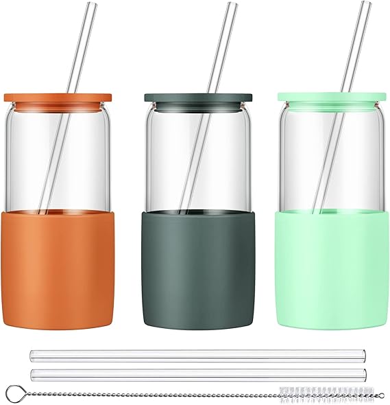 Glass Tumbler with Straw and Lid, 16oz Ice Coffee Cup, Silicone Sleeve Cleaning Brushes