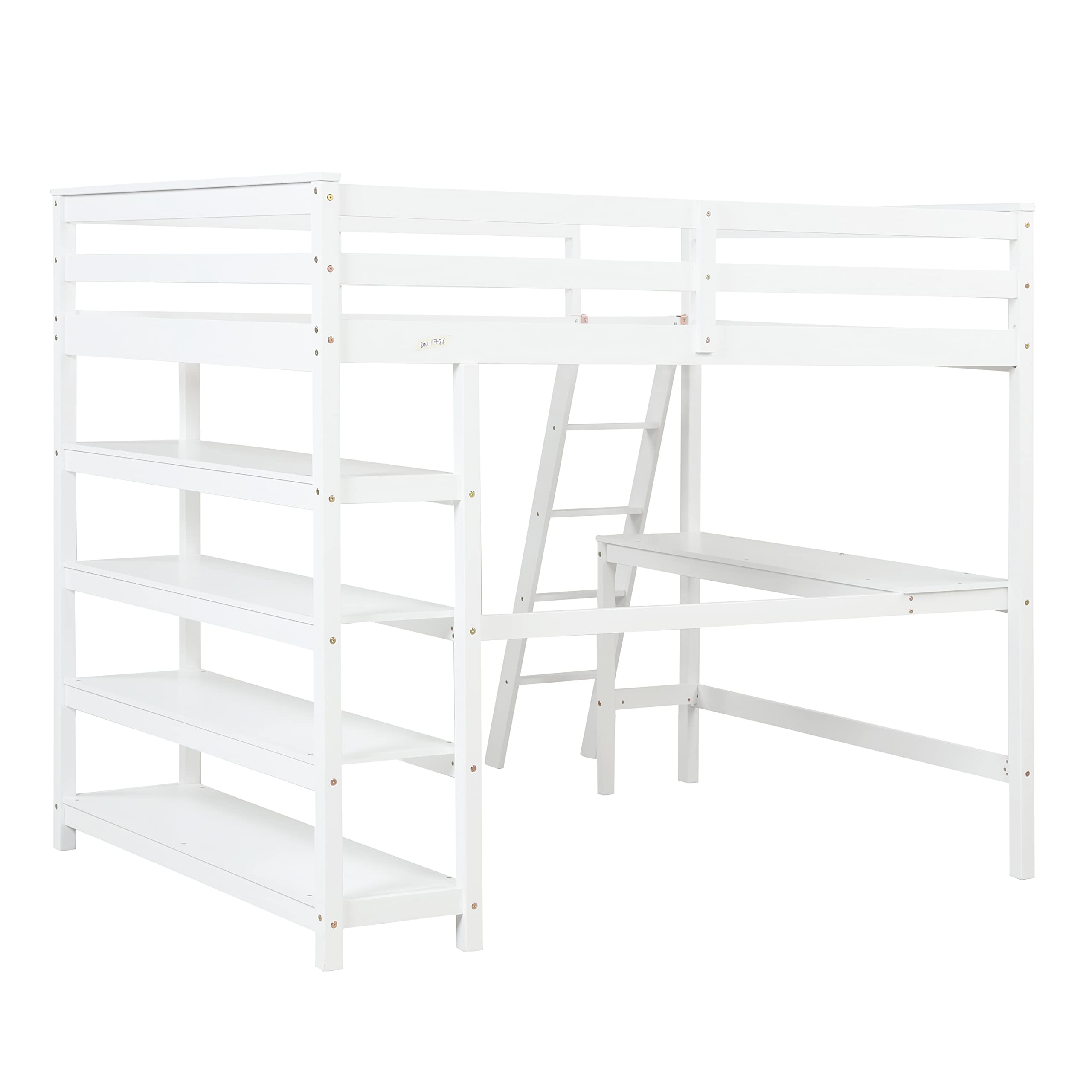 Full Loft Bed with Desk and Storage Shelves, Solid Loft Bed Frame