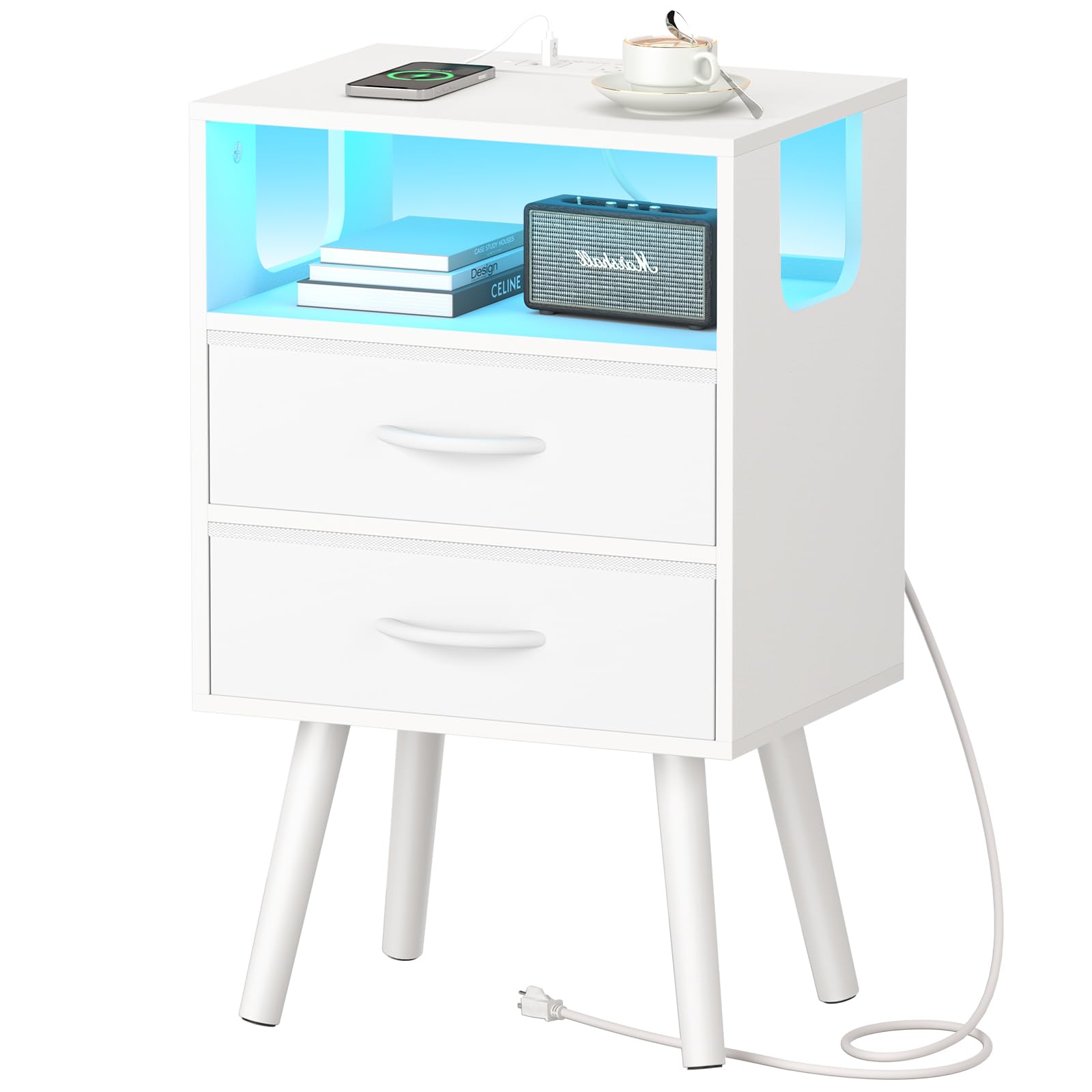 LED Night Stand with Charger Station, Mid Century Modern