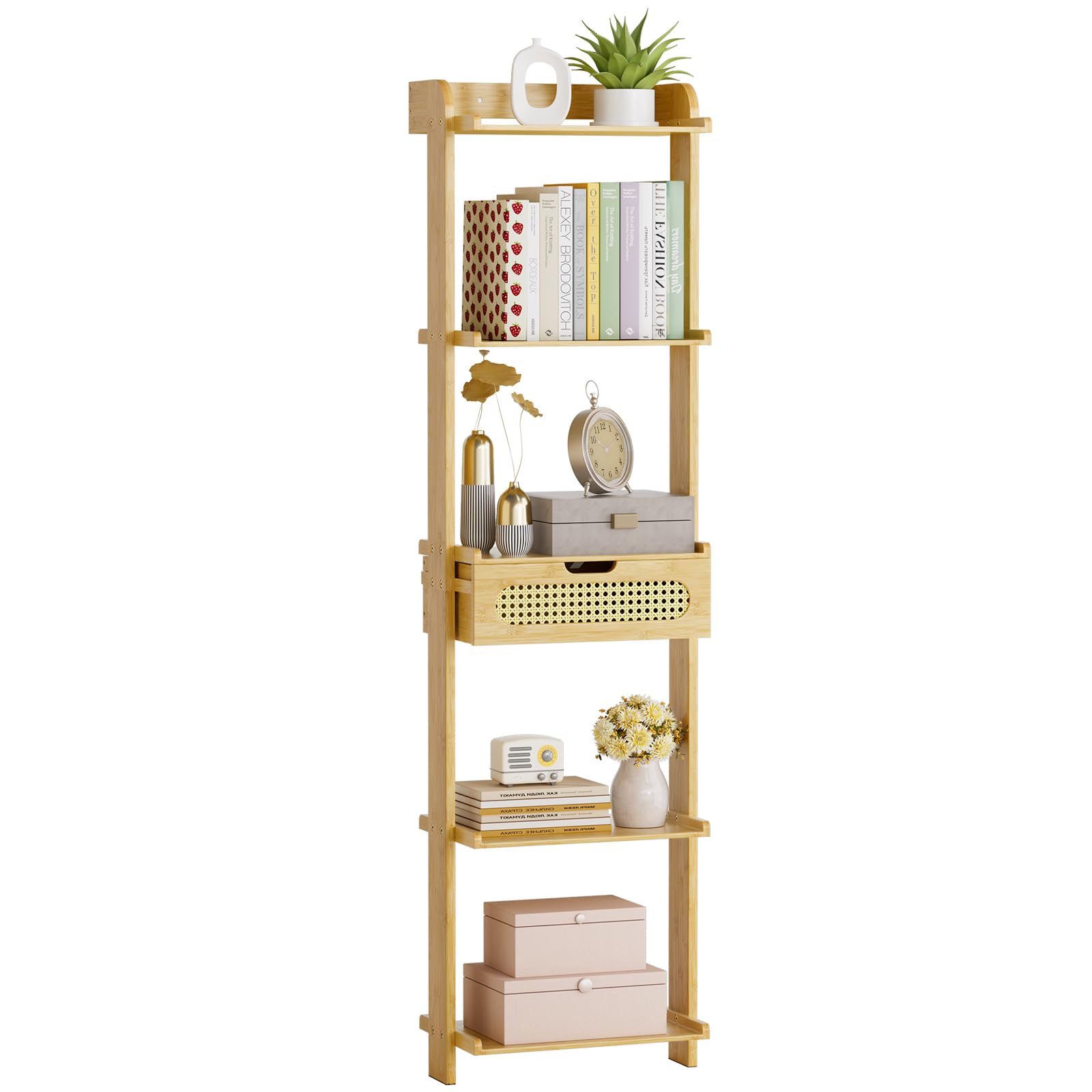 Amazer 5-Tier Ladder Shelf, Bamboo Wall Mounted Bookshelf with Drawer, Wood Ladder Bookcase Freestanding Rack Units for Bedroom, Living Room, Home