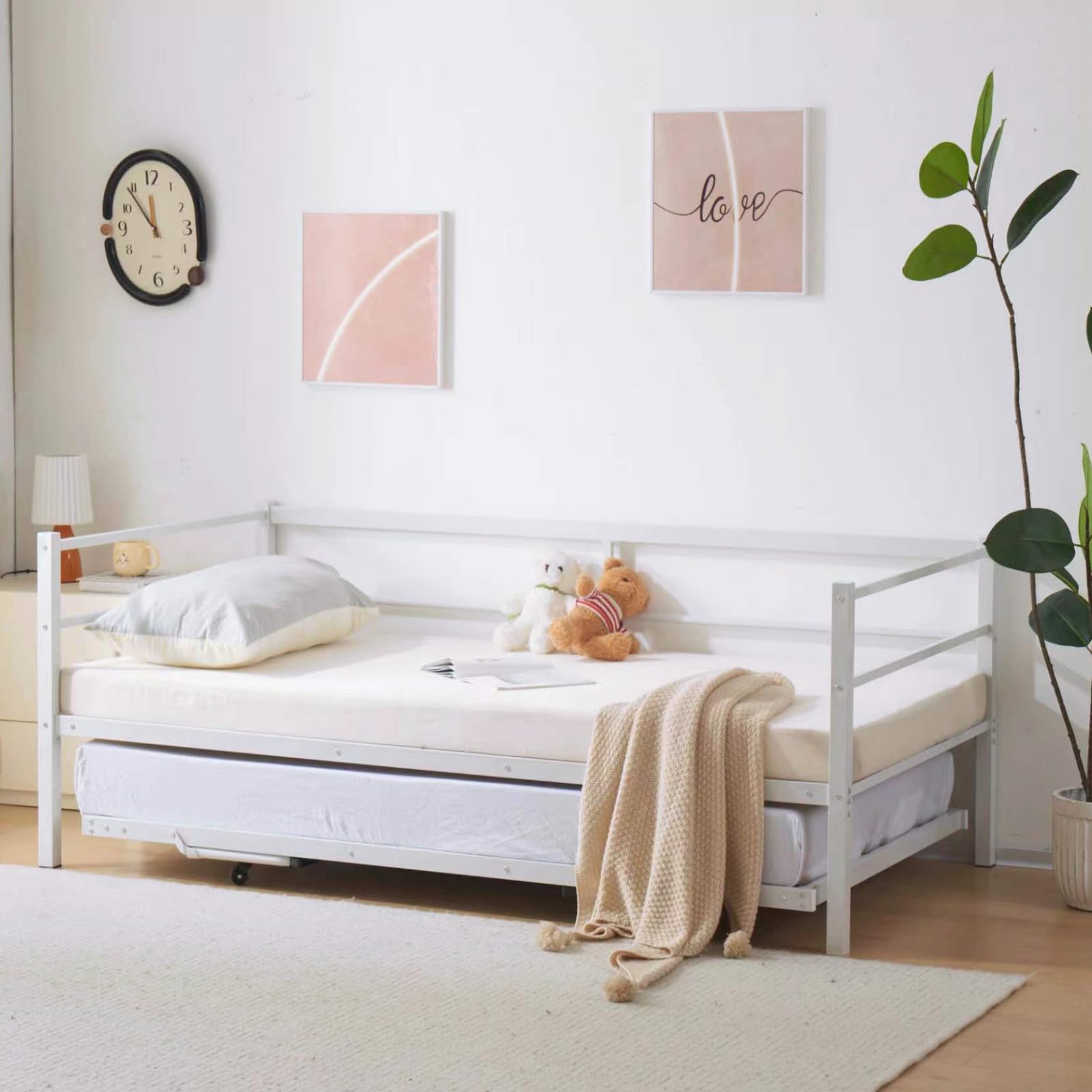 Daybed with Pop Up Trundle, Heavy Duty Metal Twin Bed
