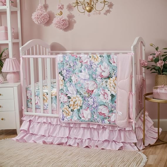 Crib Bedding Sets for Girls Garden Floral Nursery Set 3-Piece | Ruffled Baby Comforter