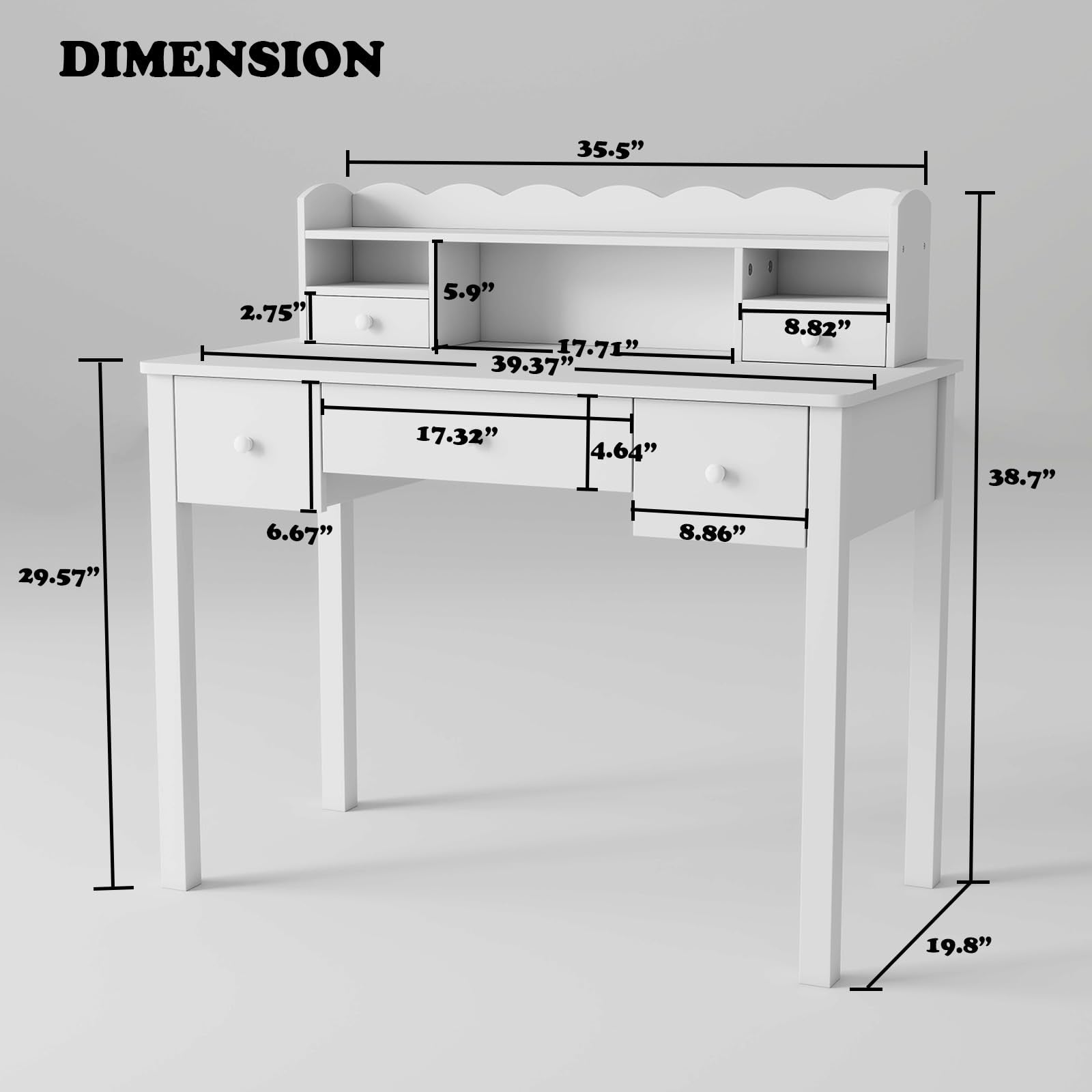 White Writing Desk with Hutch and Drawers 40 Inch