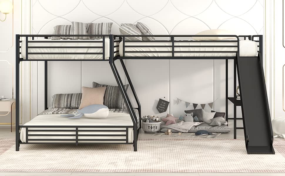 Bed Frame for Bedroom L-Shaped Twin Over Full Bunk Bed with Twin Size Loft Bed
