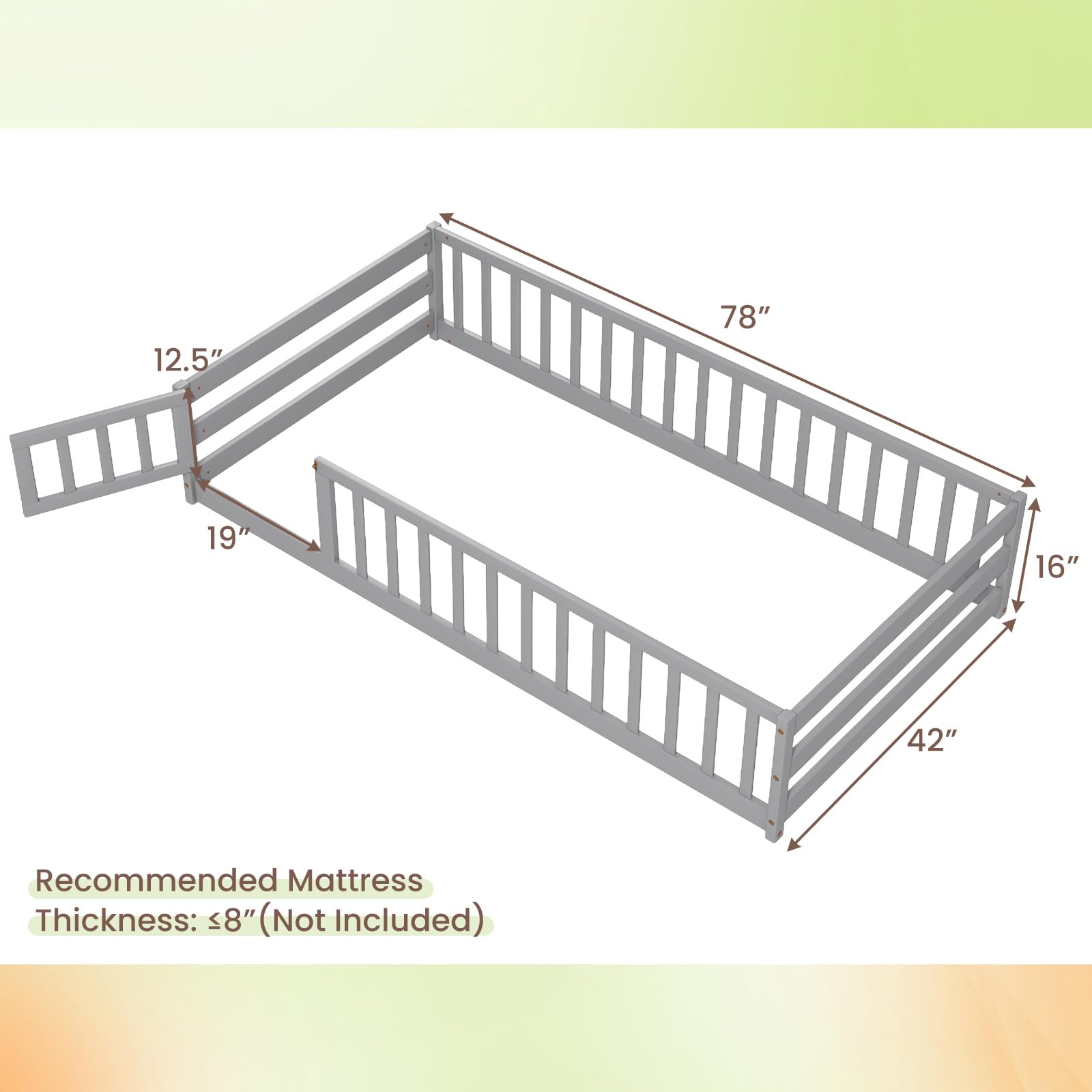Twin Floor Bed with Door and Fence for Kids