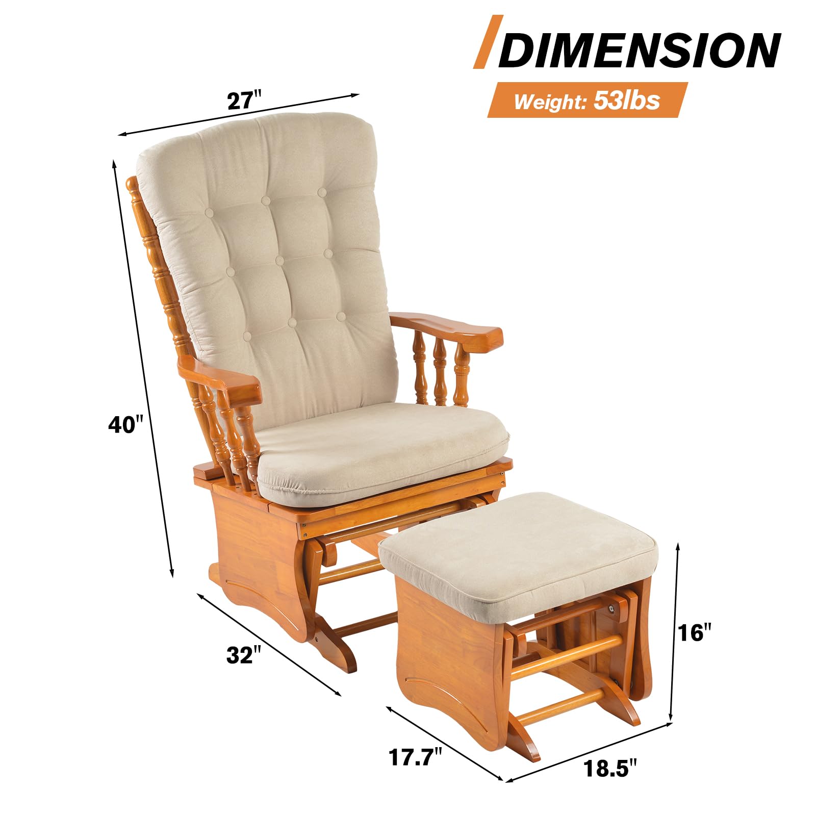 Solid Wood Glider Rocking Chair with Ottoman and Padded Cushion