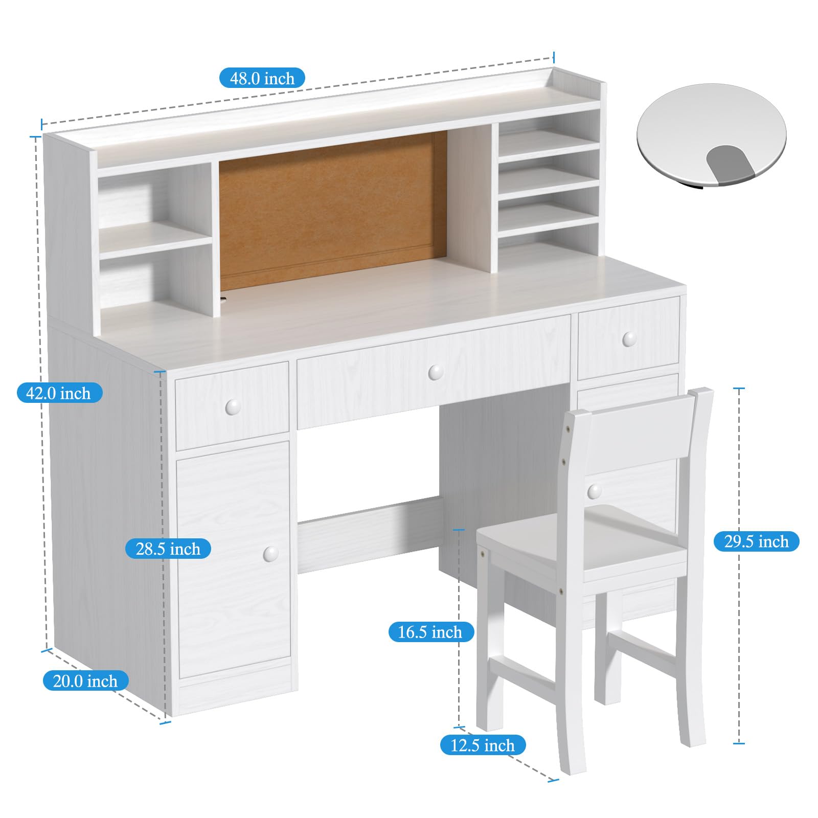 Kids Wooden Desk and Chair Set with Storage Shelves and Drawers