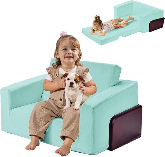 Kids Couch, 2-in-1 Sturdy Soft Toddler Couches That Fold Out for Playroom