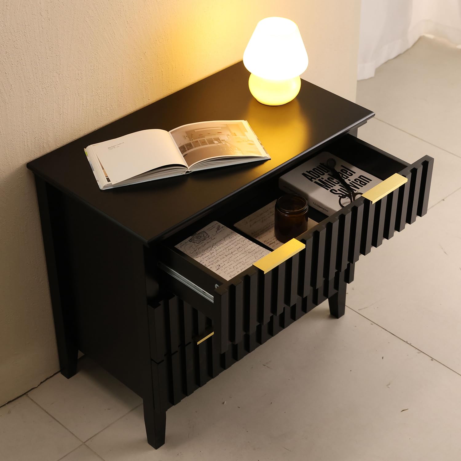 3 Drawer Dresser with Fluted Front and Golden Handles