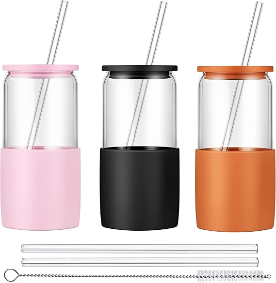 Glass Tumbler with Straw and Lid, 16oz Ice Coffee Cup, Silicone Sleeve Cleaning Brushes