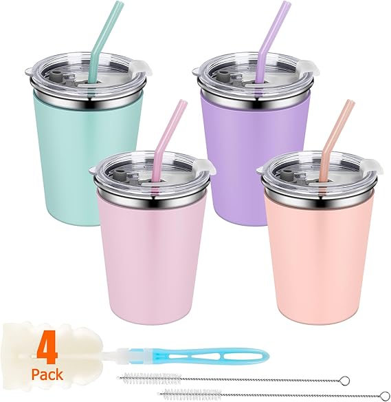 12 Pack Kids Cups Spill Proof, 12oz Stainless Steel Sippy Cup with Straws and Lids