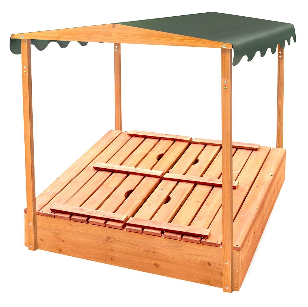 Basket Cedar Sandbox for Kids with UV Canopy & Folding Benches