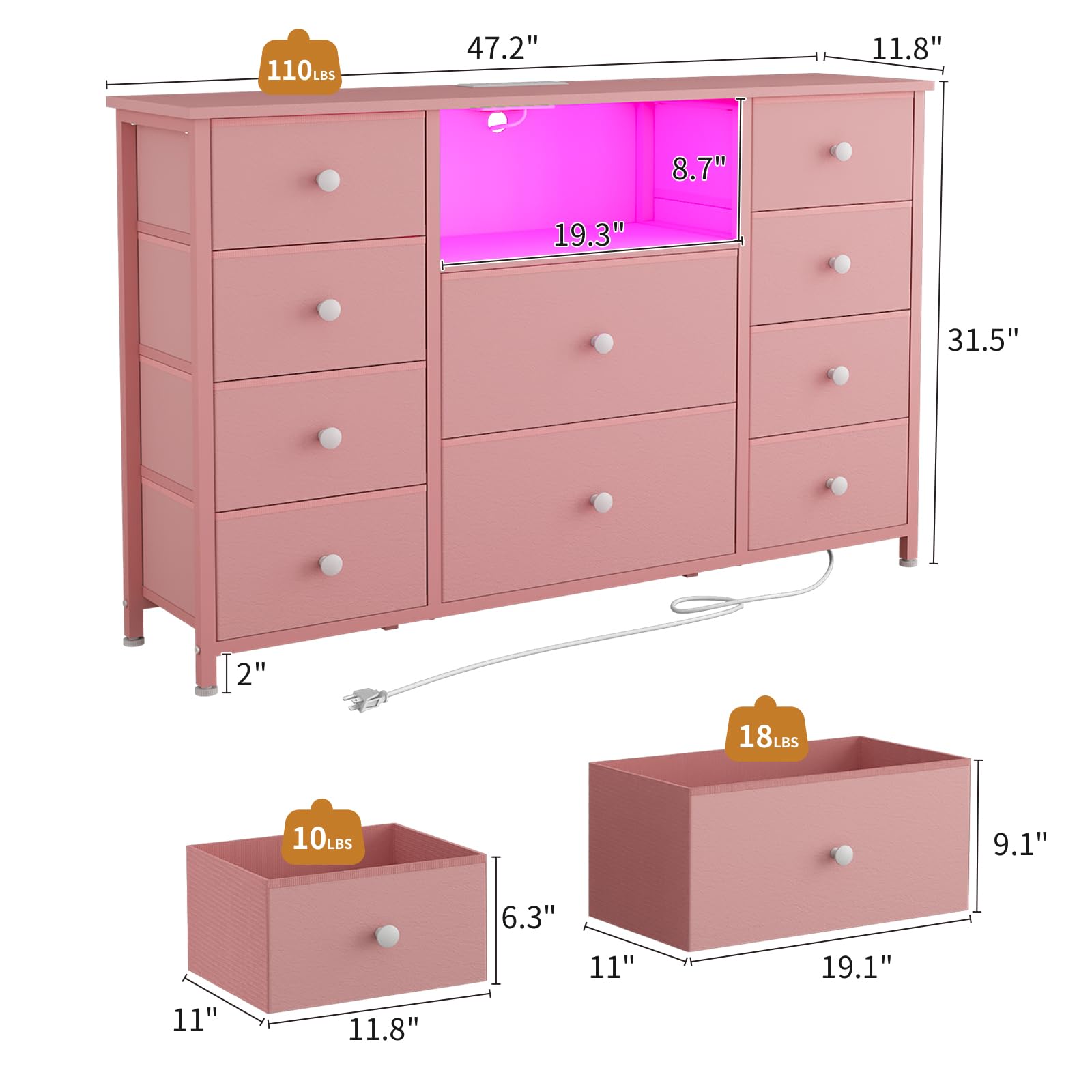 10 Drawer Dresser with Charging Station and LED Lights