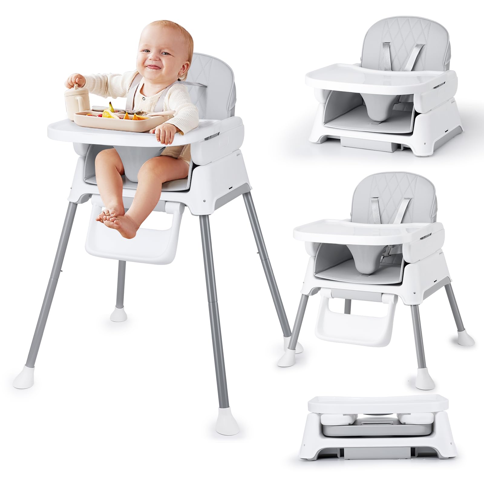 3-in-1 Convertible Baby High Chair with Adjustable Height and Removable Tray