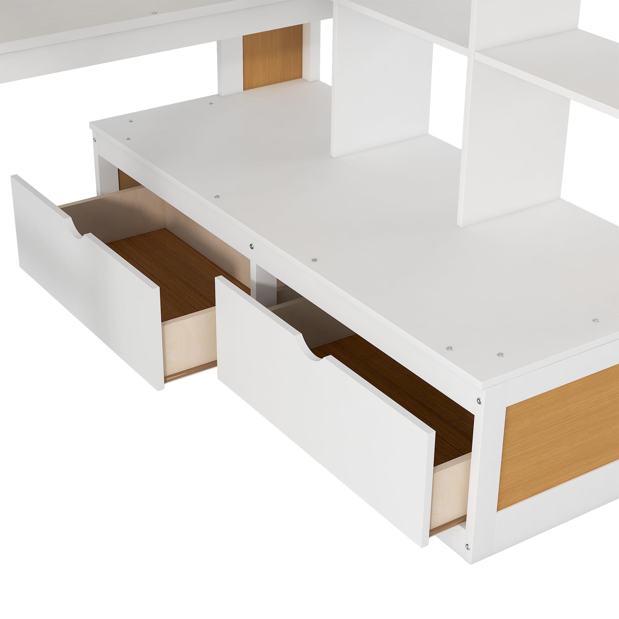 Merax Full Size Wood Loft Bed Frame with 2 Built-in Drawers,Desk,Shelves and Storage Staircase for Bedroom