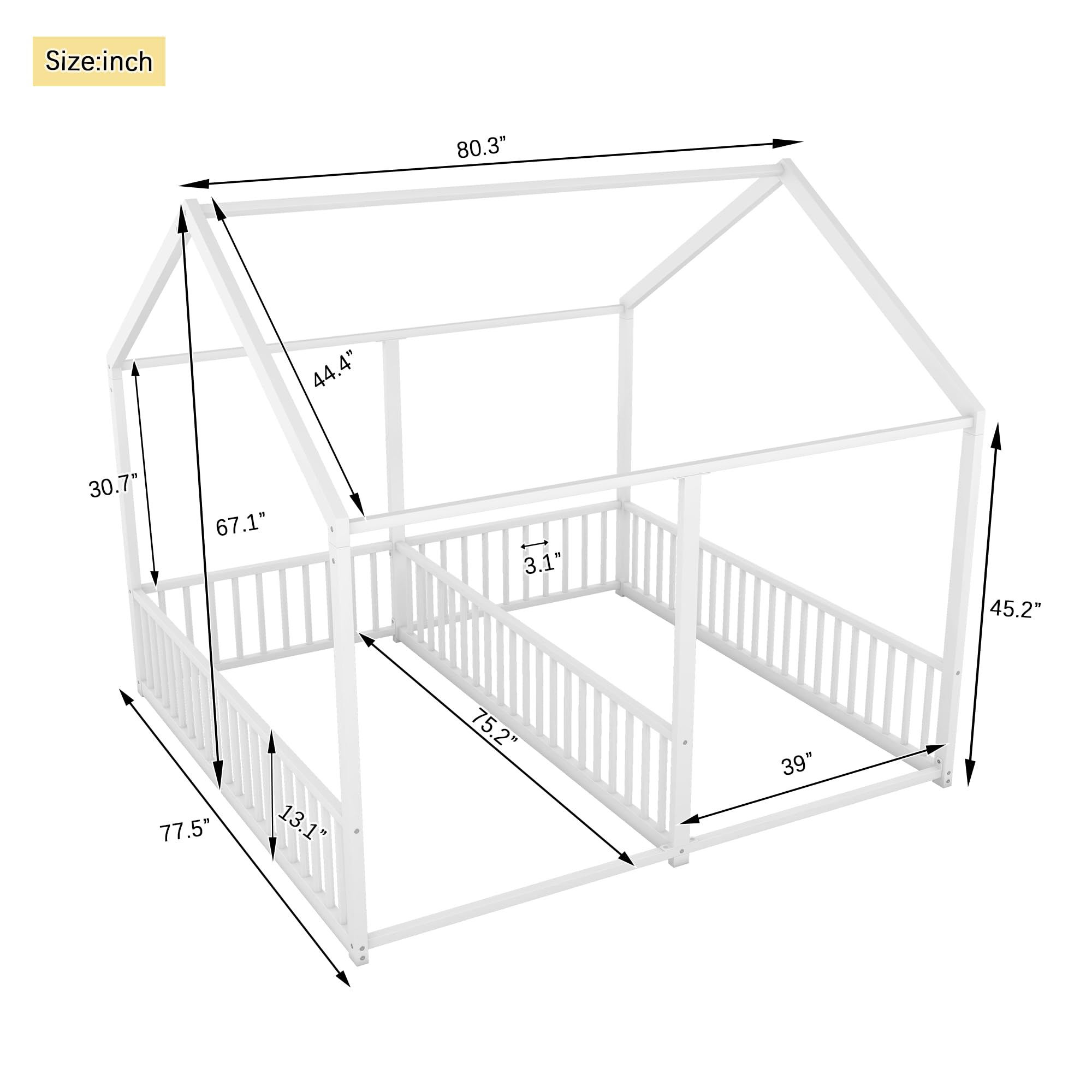 Twin House Floor Bed for Two Kids with Safety Rails