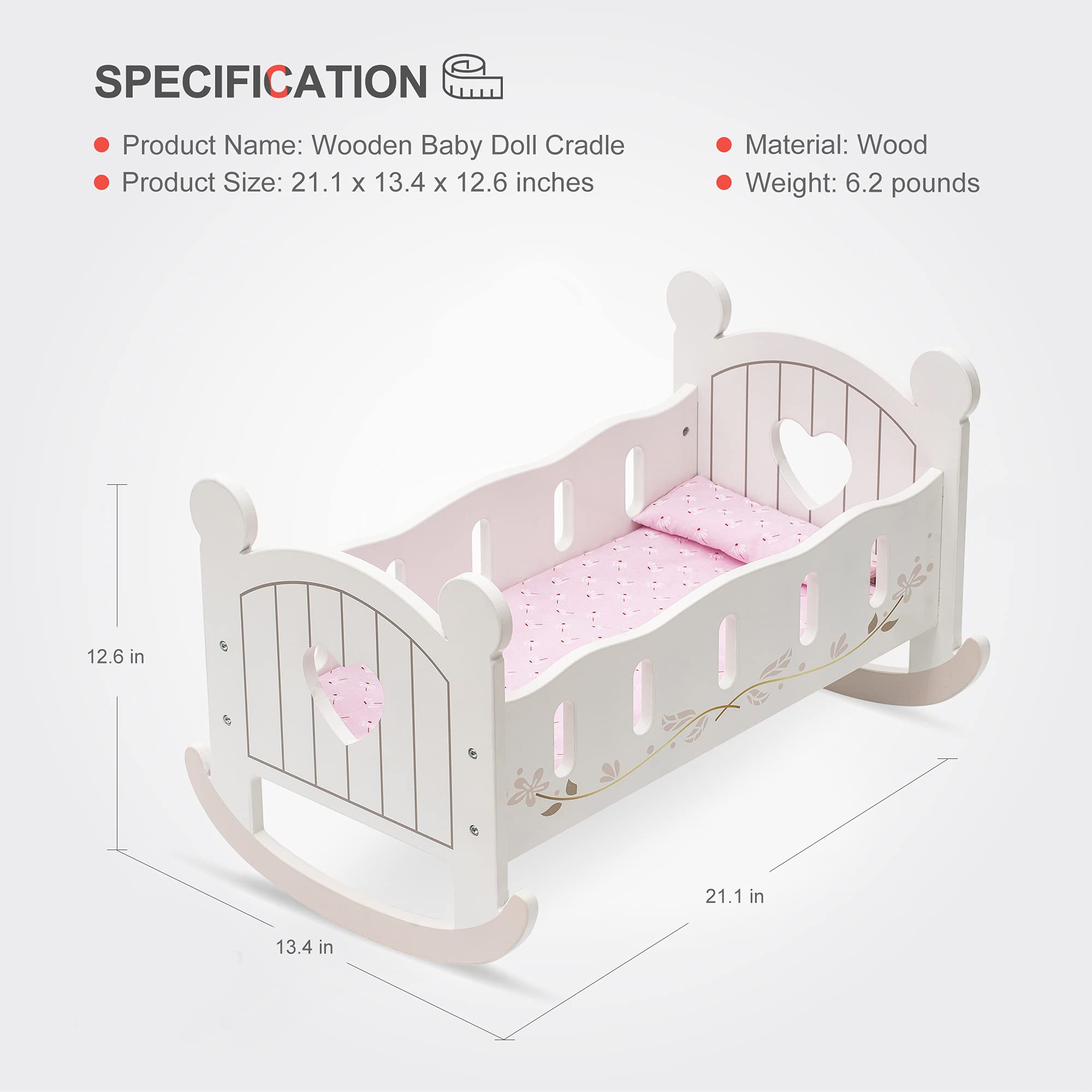 Wooden Doll Cradle Rocking Crib with Bedding Set