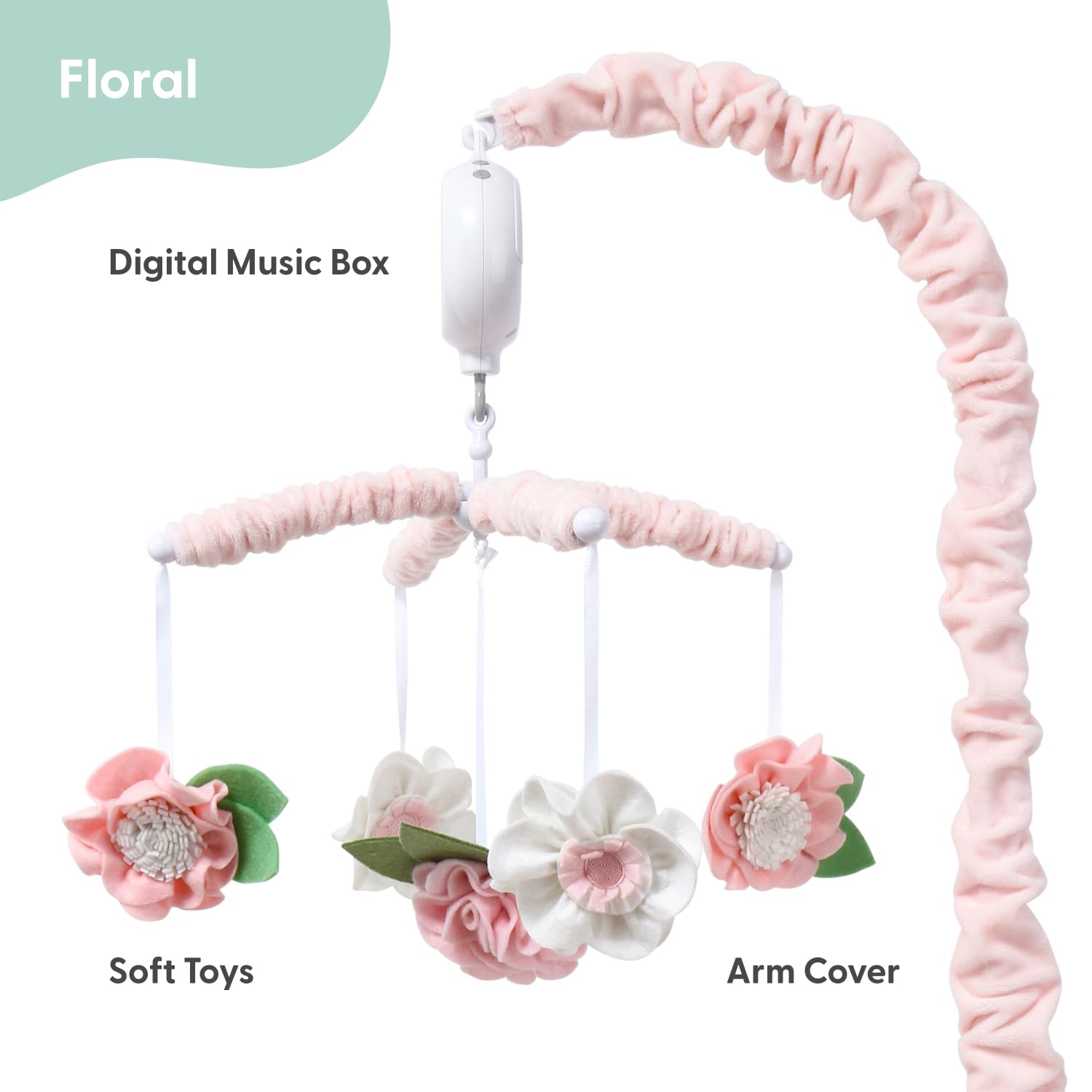 Pink Floral Musical Crib Mobile with 12 Lullabies