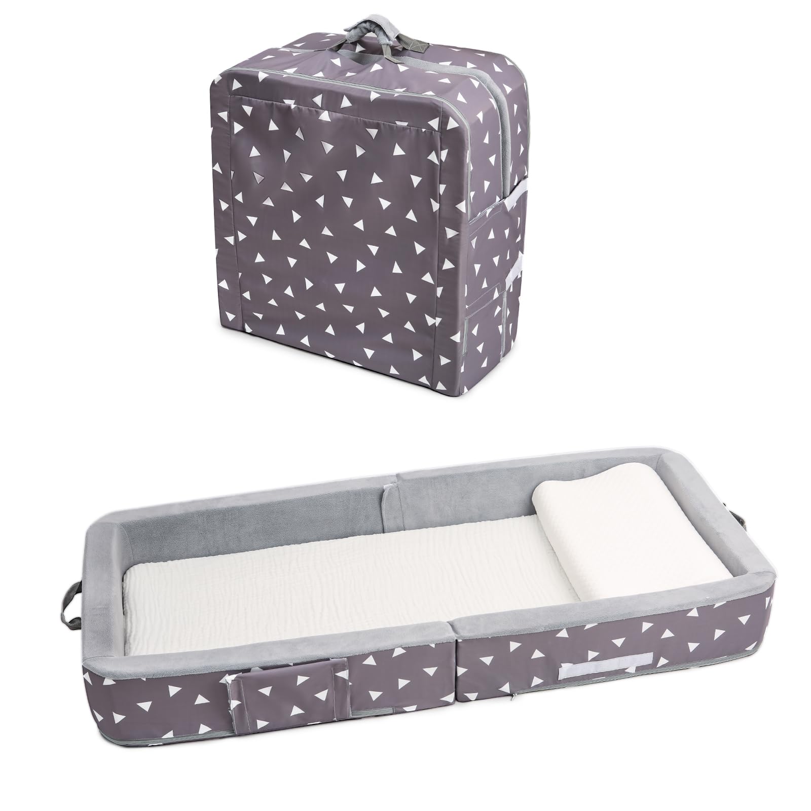 Foldable Toddler Travel Bed with Safety Rails and Washable Cover
