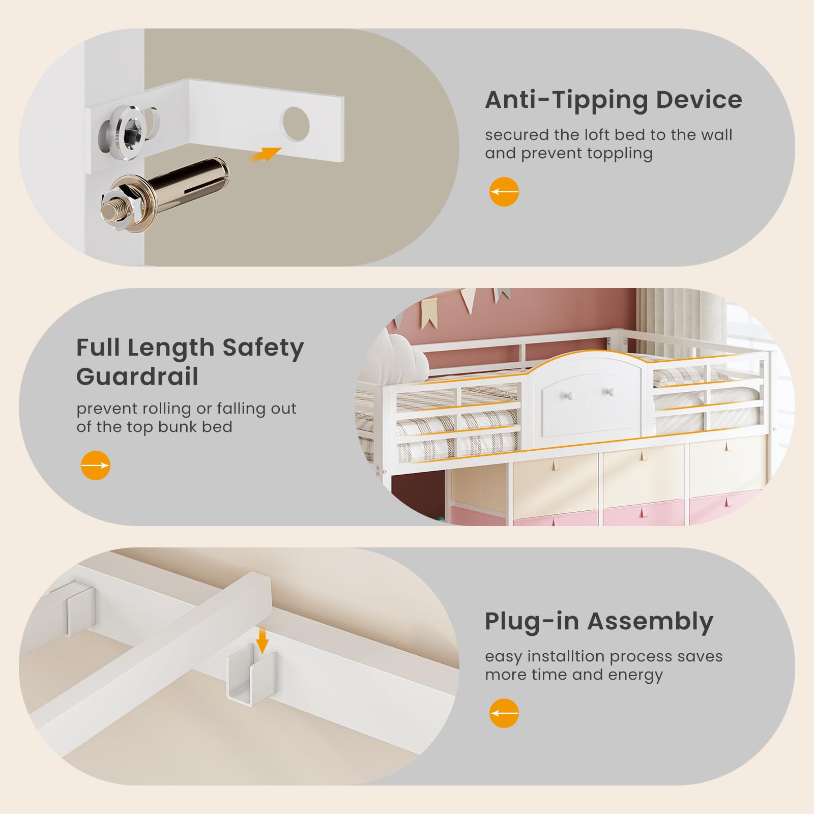 Low Loft Bed Twin with Storage Drawers and LED Lights