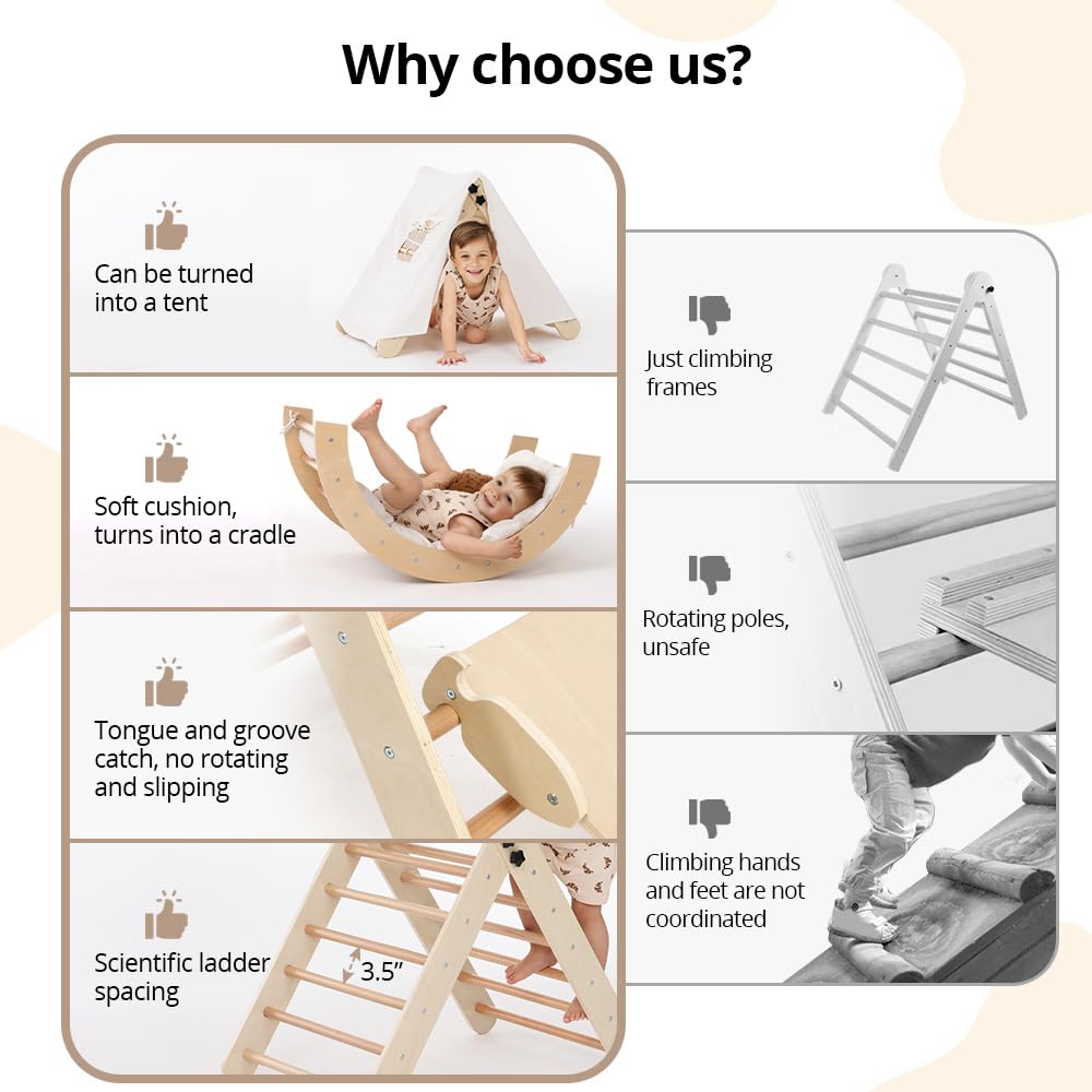 Pikler Triangle Climbing Set with Cushion and Arch Ramp