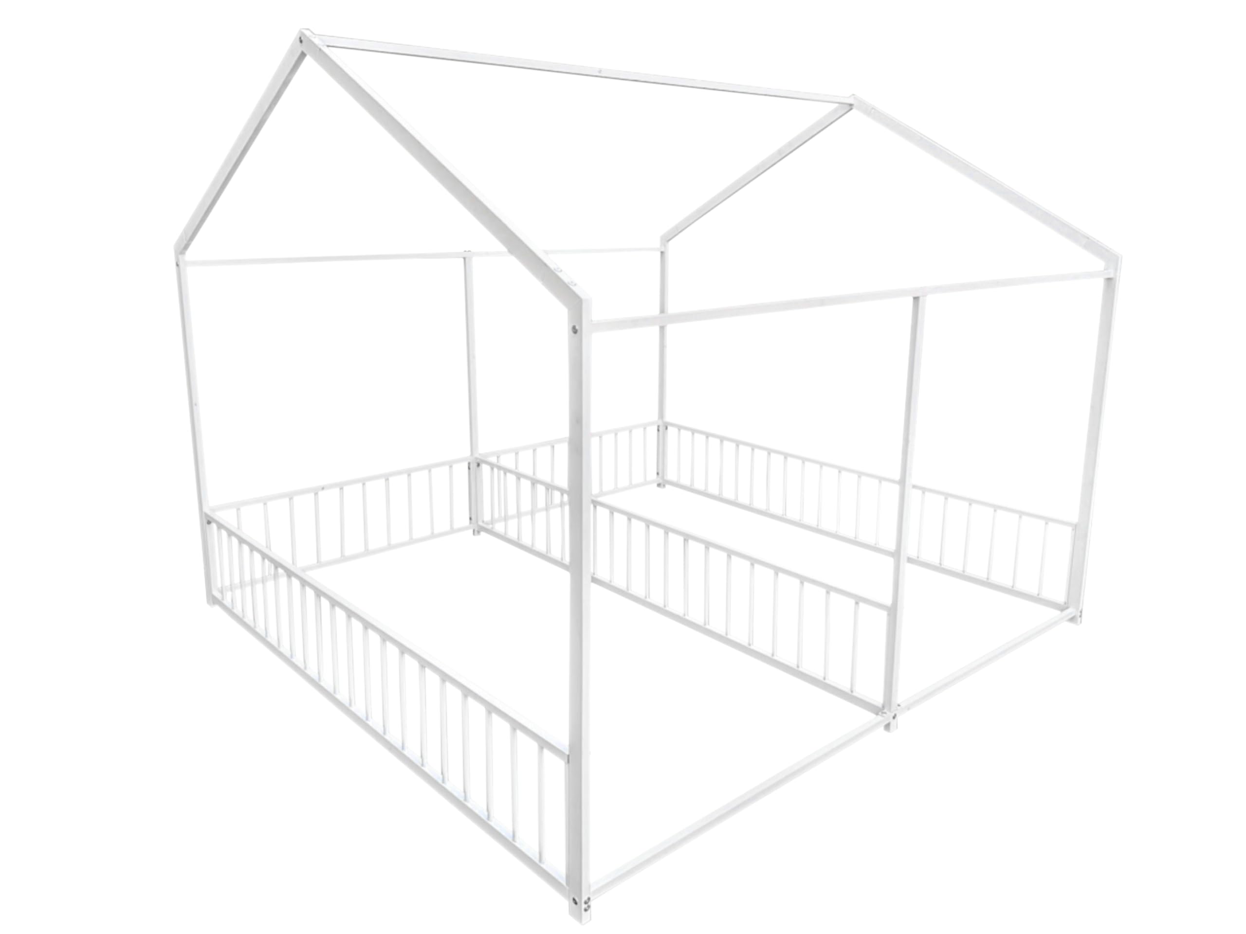 Double Montessori Floor Bed with Fence & Roof for Two Kids Teens Boys Girls