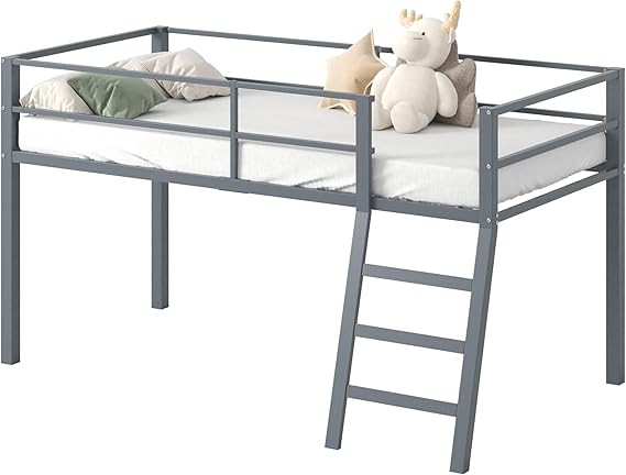 Loft Bed Twin Size, Low Junior Metal Twin Loft Bed with Stairs and Safety Guard