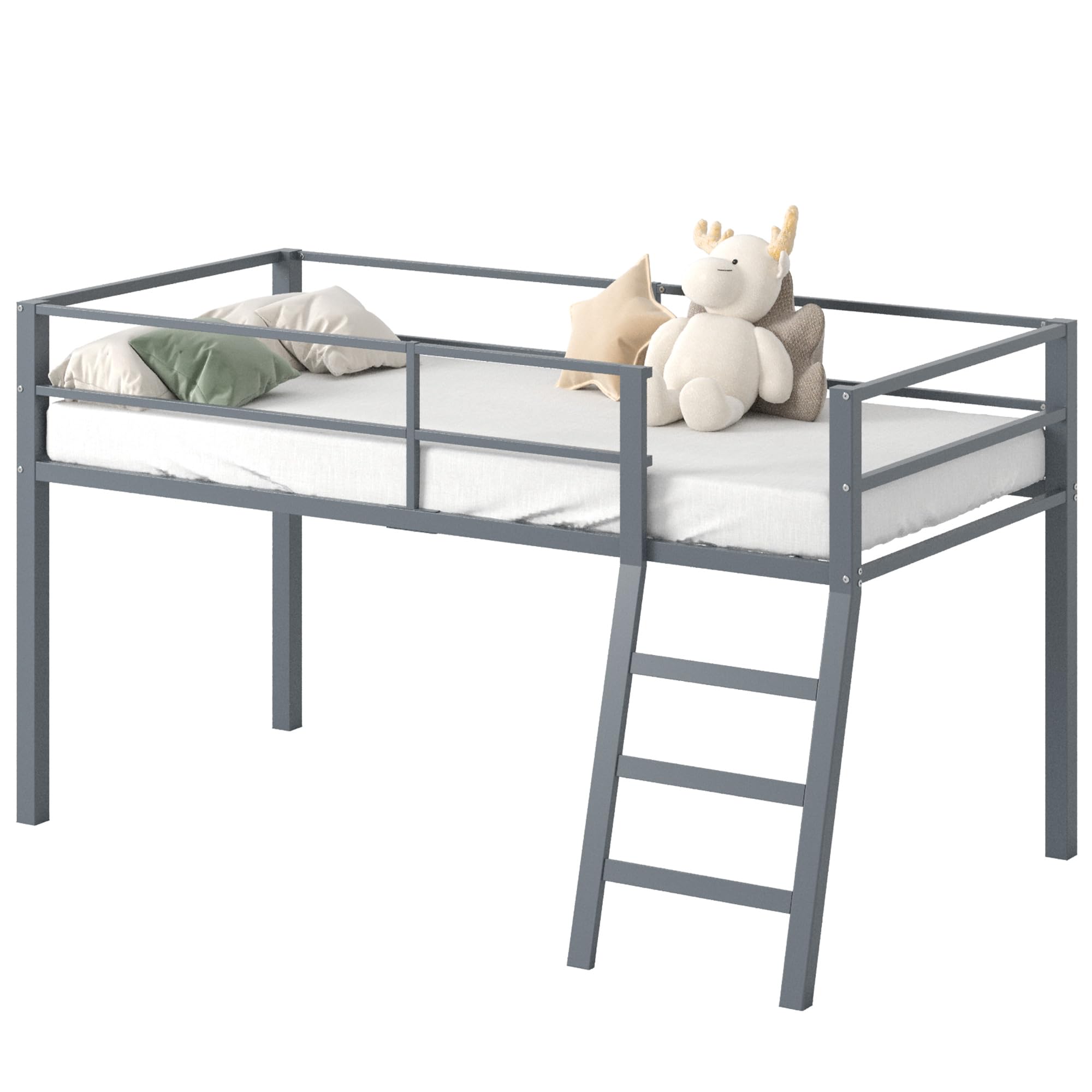 Low Metal Twin Loft Bed with Ladder and Guardrail for Kids or Teens