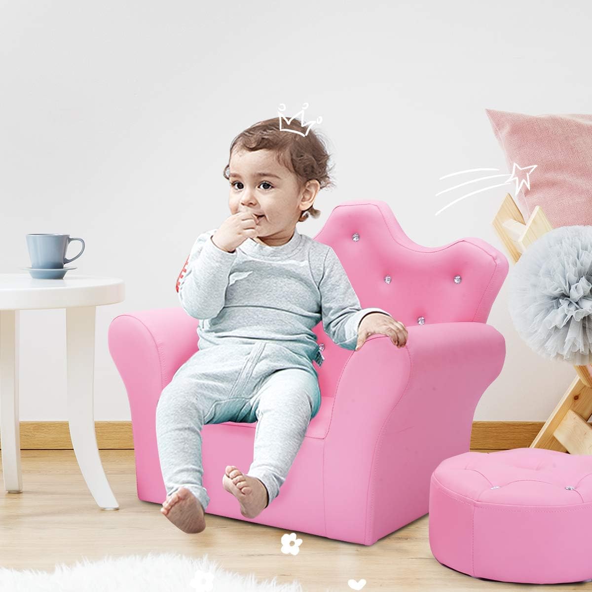 Kids Sofa, Children Upholstered Sofa with Ottoman, Princess Sofa
