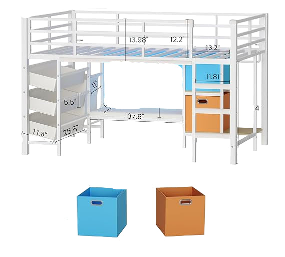 Low Loft Bed Twin Size with Reading Corner Metal Twin Loft Bed