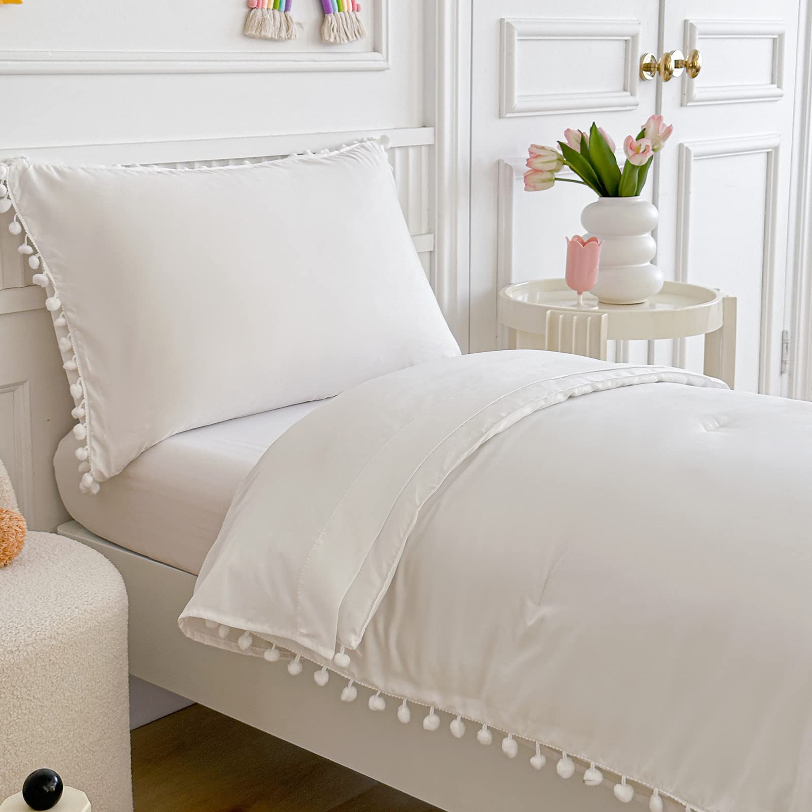 Toddler Bedding Set 4 Piece Boho Pom Pom Fringe White