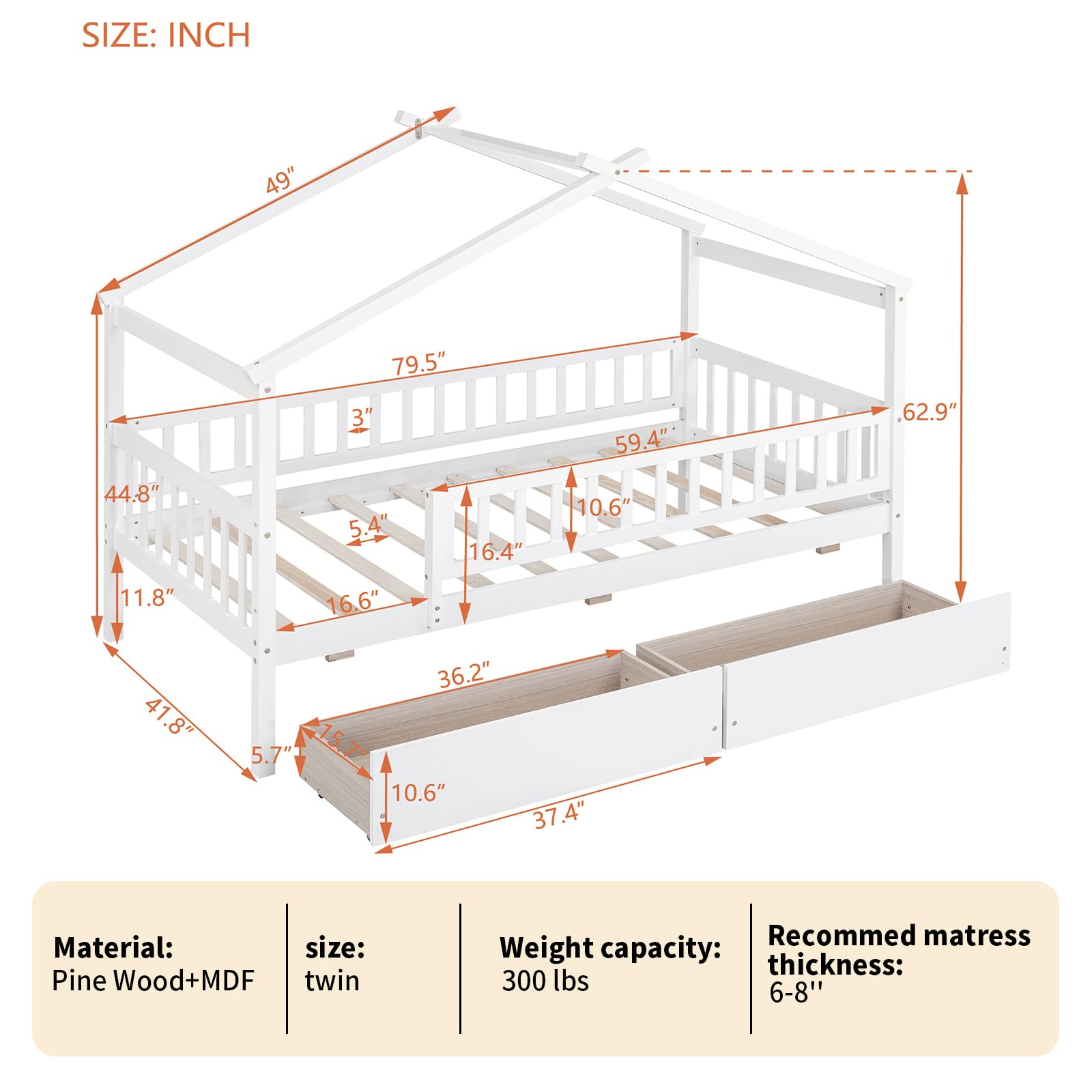 Twin House Bed with Storage Drawers for Kids