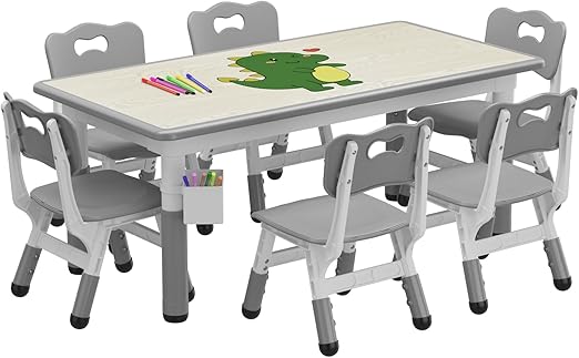 Kids Table and 6 Chairs Set with Storage Box, Height Adjustable Toddler
