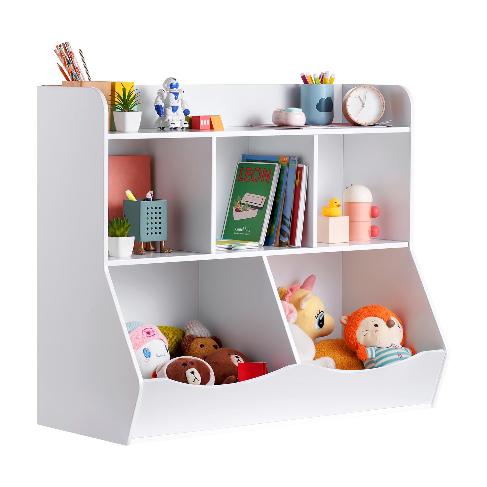 Wood Kid Storage Cubby, Toy Storage Organizer with Bookshelf