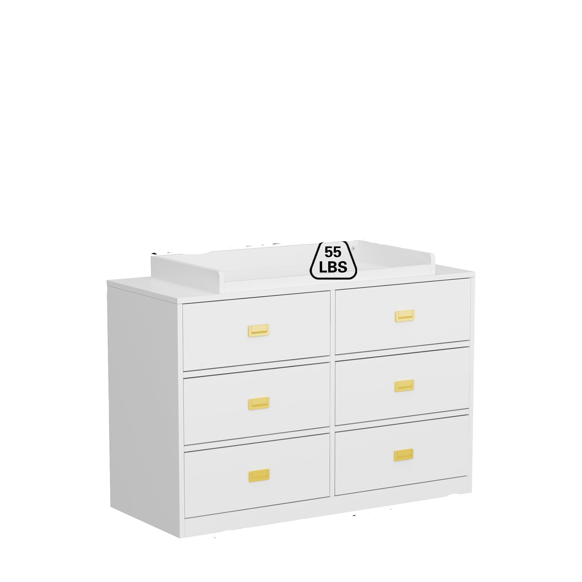 6 Drawer Baby Dresser, Nursery Dresser with Changing Topper, Long Cabinet for Infant Cloth Organize, Changing Station for Nursery and Kids Bedroom Storage, White (45.3" W x 18.9" D x 30.1" H)