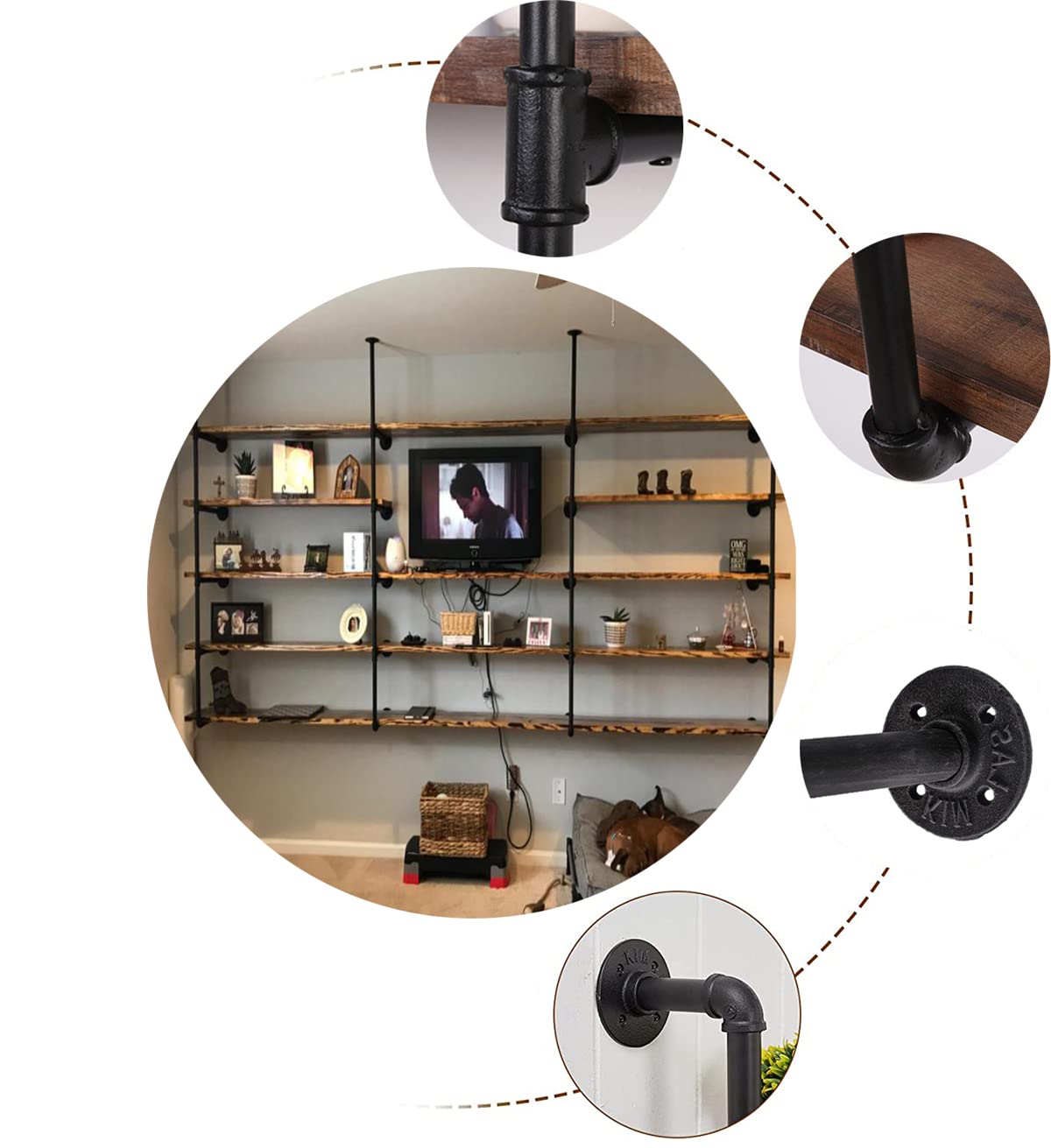 Industrial Wall Mount Pipe Shelf 5-Tier Black Metal Shelving Bracket