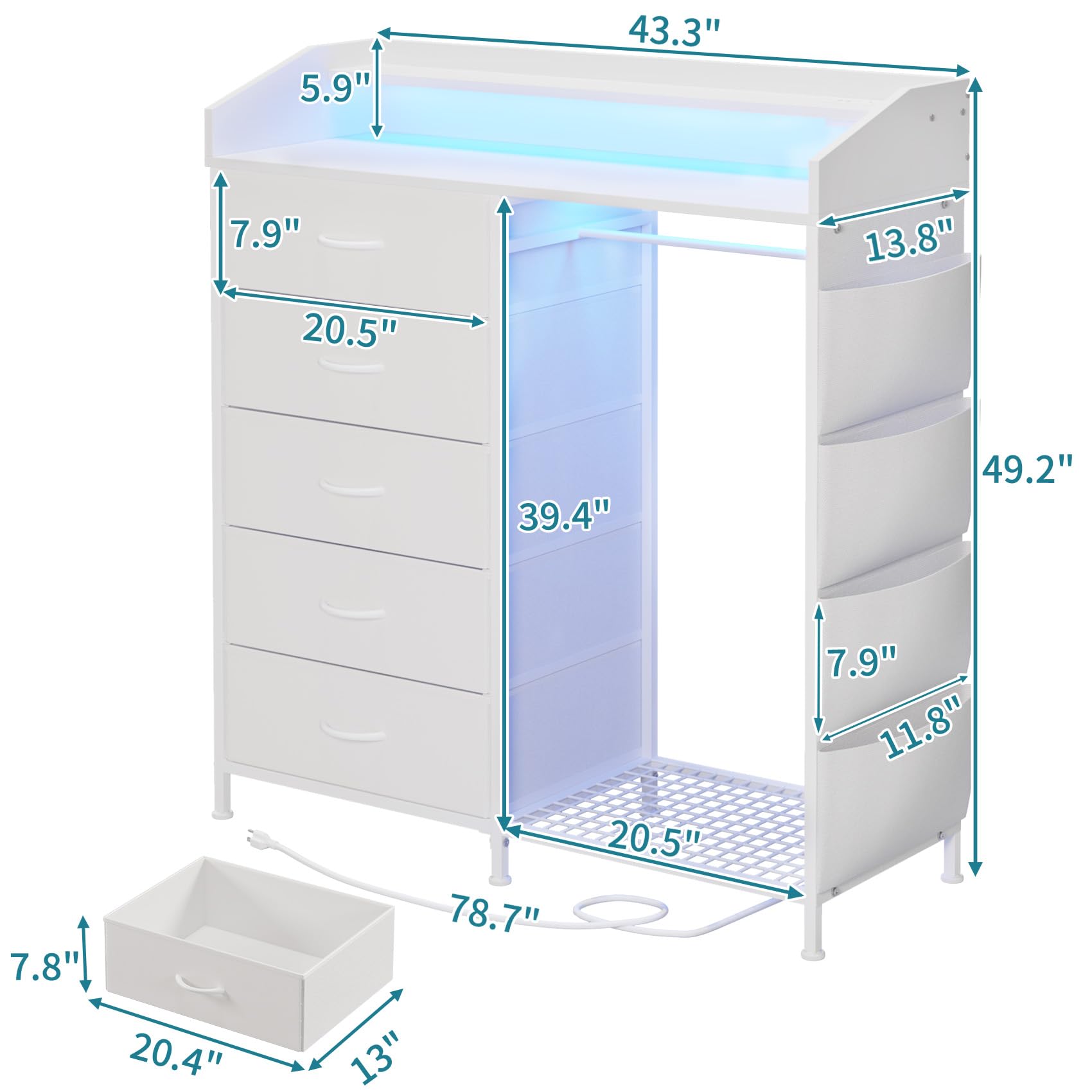 5 Drawer Dresser with LED Hanging Rack