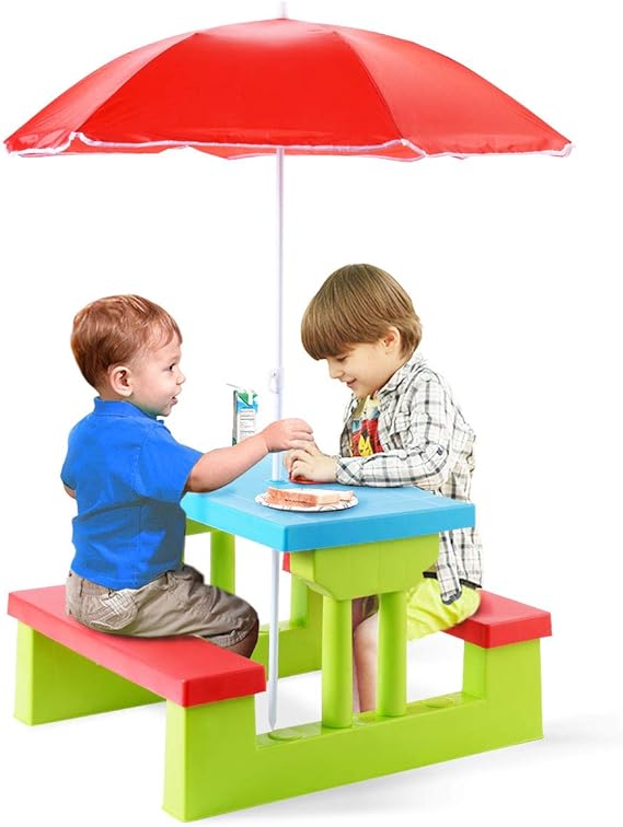 Kids Picnic Table, Toddler Plastic Outdoor Table & Bench Set with Umbrella