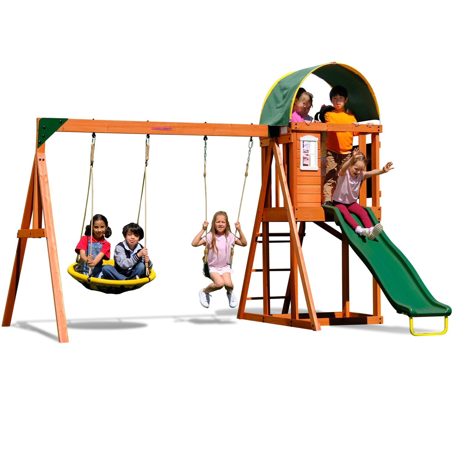 Amelia Heavy Duty Wooden A-Frame Swing Set: Saucer + Adjustable Swing