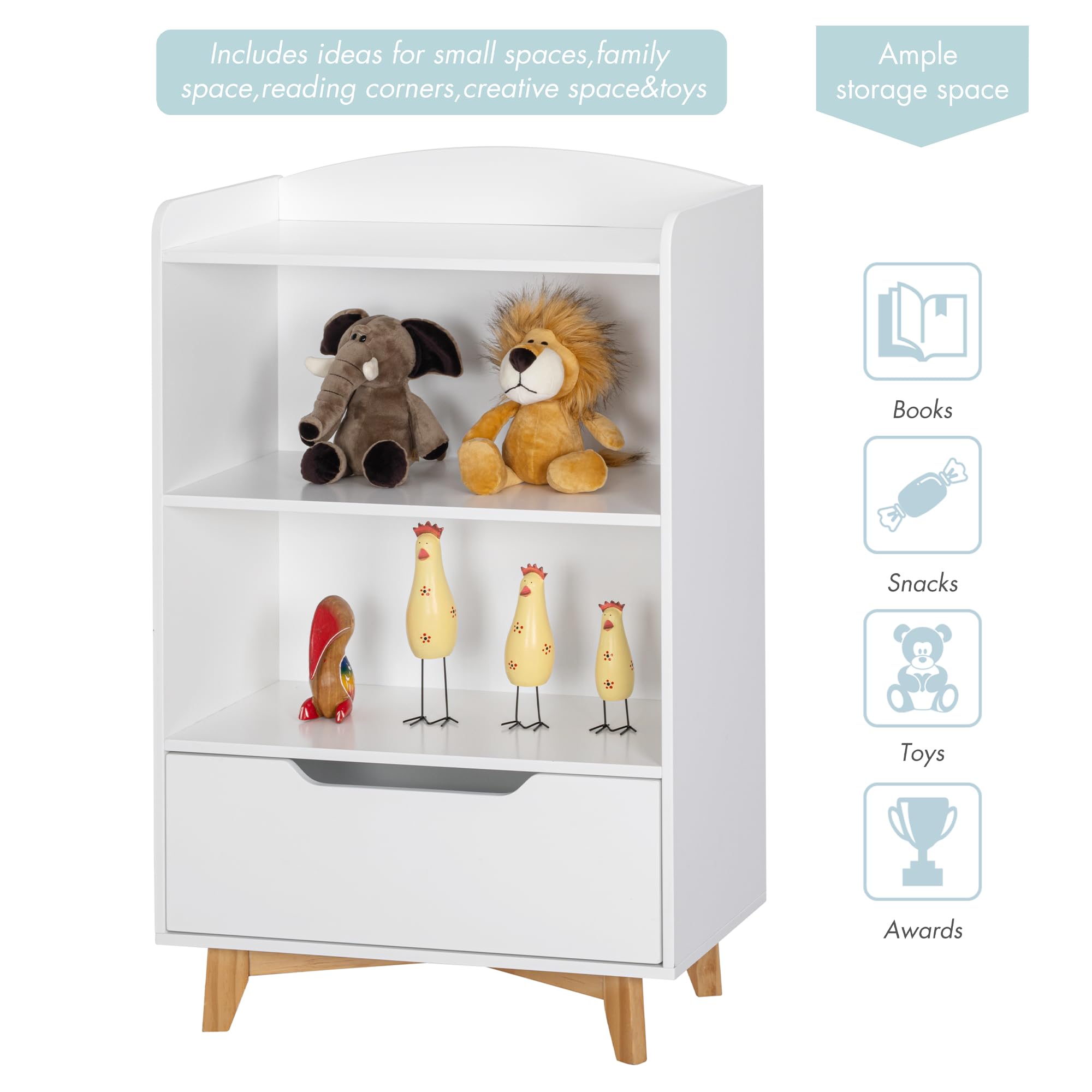 Kids Bookshelf with Storage Drawer White Wood