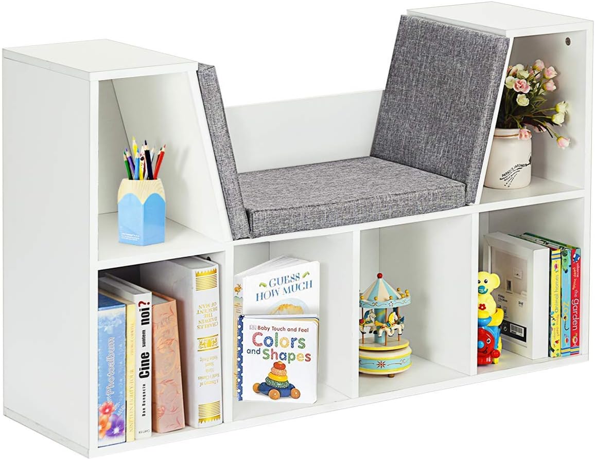 Kids Bookshelf with Reading Nook, 6 Cubby Bookcase